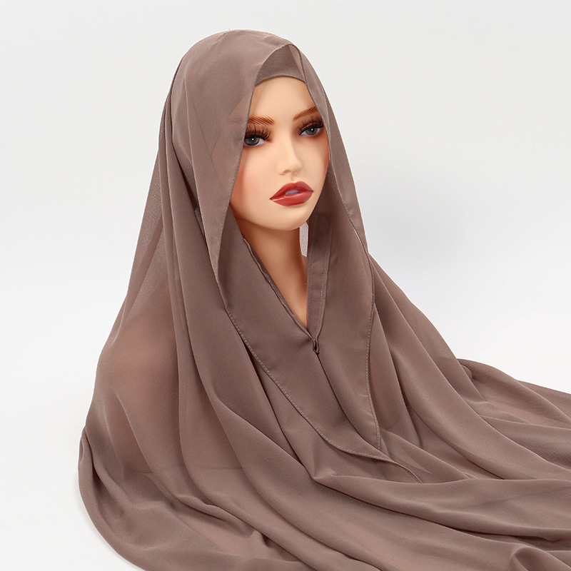 Nouveau Hijab Instantané en Mousseline avec Bonnet Couleur Unie Femme Musulmane Foulard Hijab Turban Islamique Bandeau Mode Châle