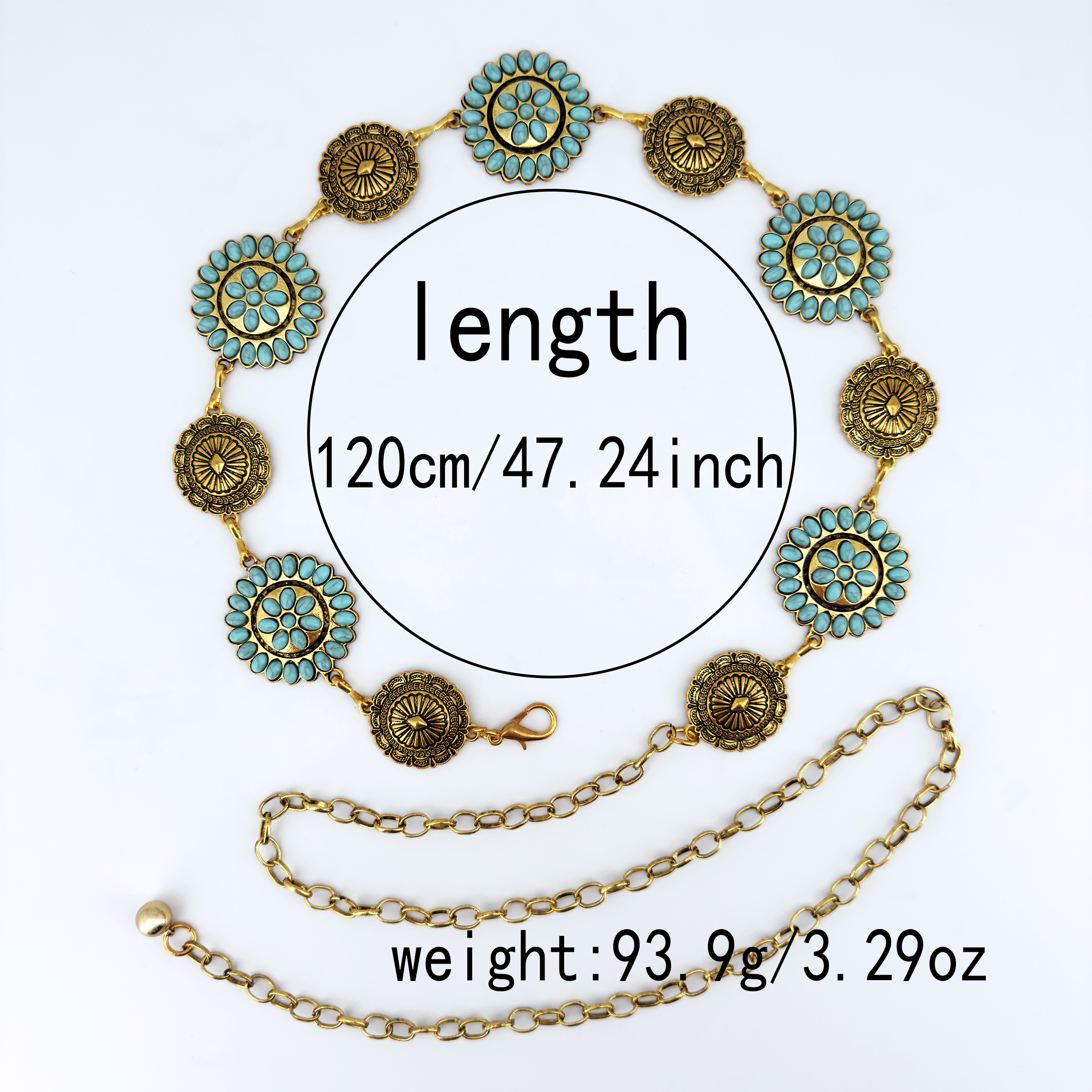 Ceinture ethnique ronde style western tendance pour femme, incrustée de turquoise ; polyvalente pour robes, jeans, mode Y2K et avant-gardiste