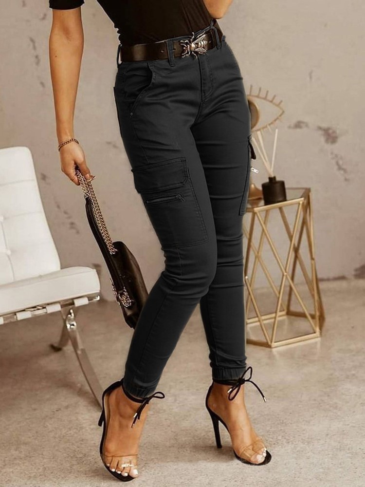 Mode femme pantalon de travail printemps automne décontracté multi-poches serré pied pantalon taille basse bouton couleur unie femmes Leggings
