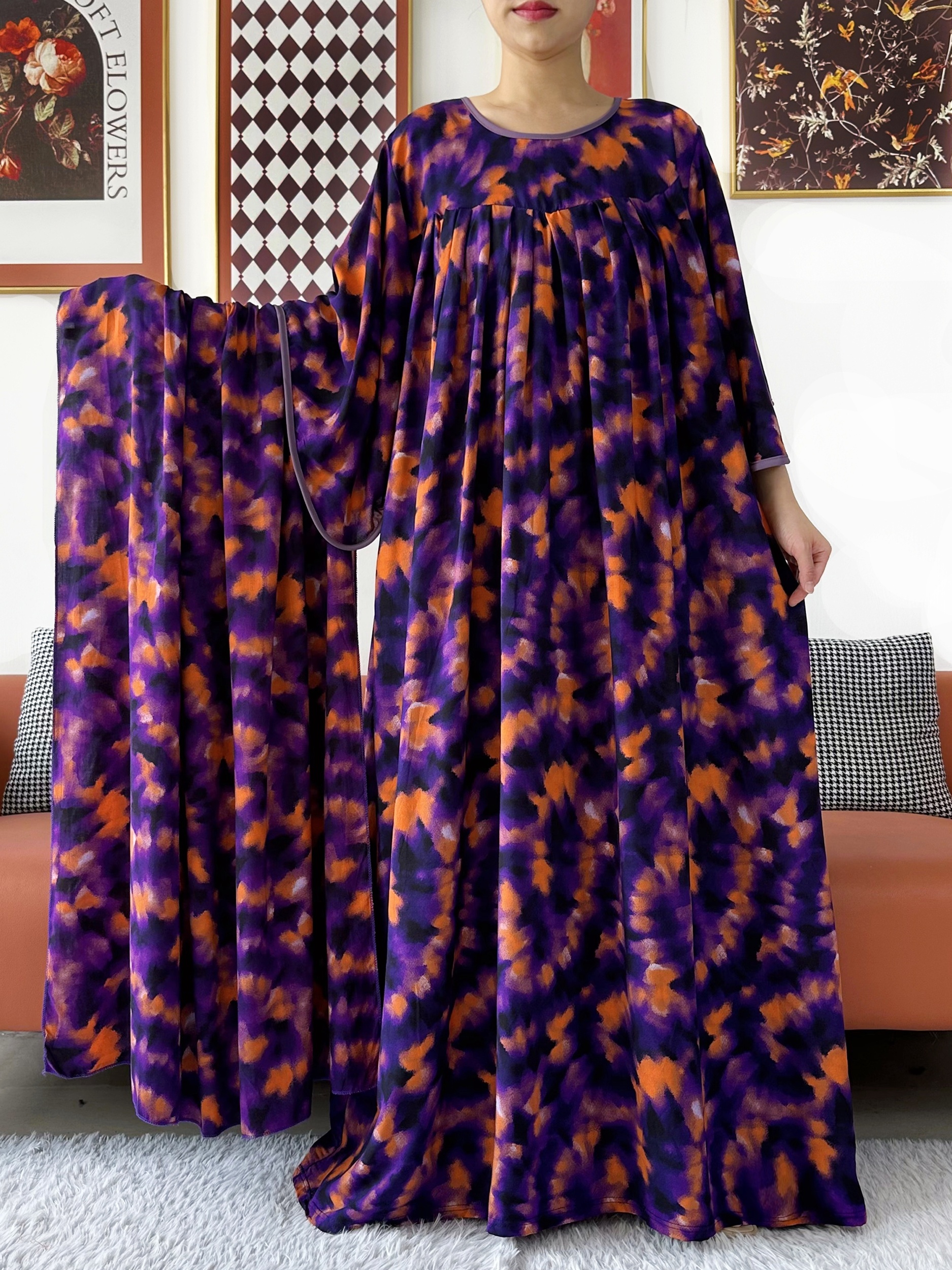 Robe Abaya pour femmes au design exclusif, ample, style africain, musulmane, avec grand foulard, imprimé tie-dye, robe maxi pour le Ramadan