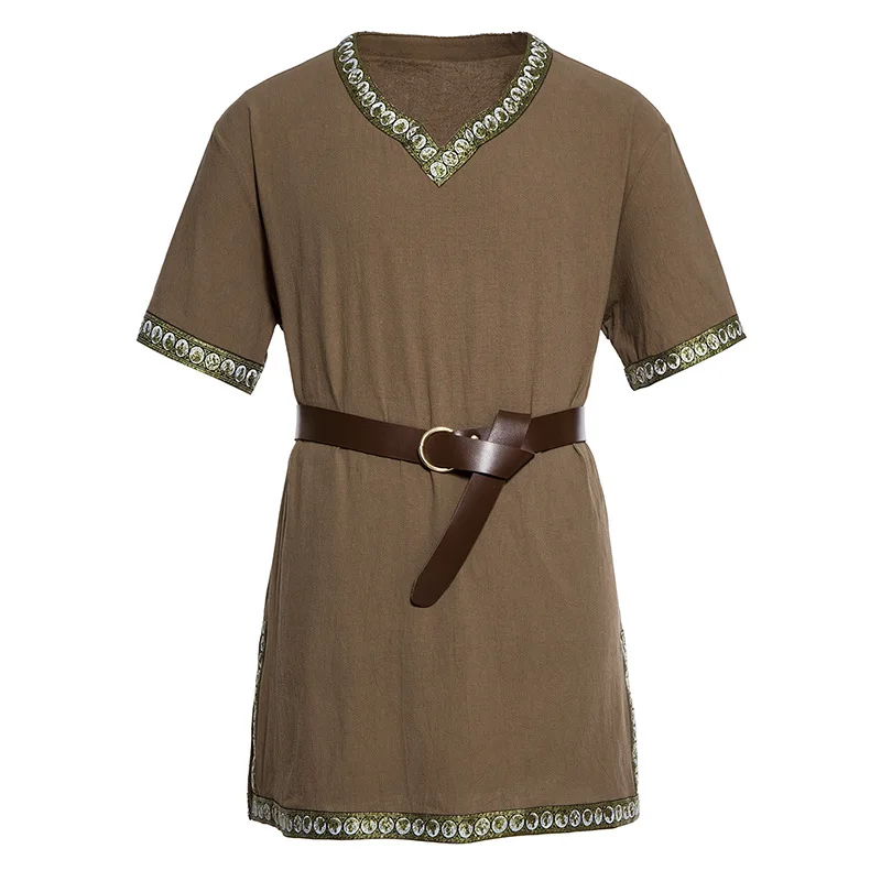 Tunique médiévale longue chemise en coton et lin hommes Costume de Pirate Viking tressé hauts amples tenue de guerrier Renaissance adulte grande taille