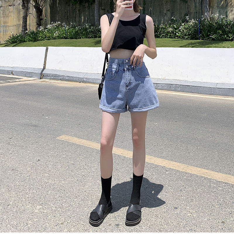 Short en jean denim taille haute pour femme, pantalon court, vintage, décontracté, élégant, mode, sexy, jambe large, coréen, vêtements féminins, été