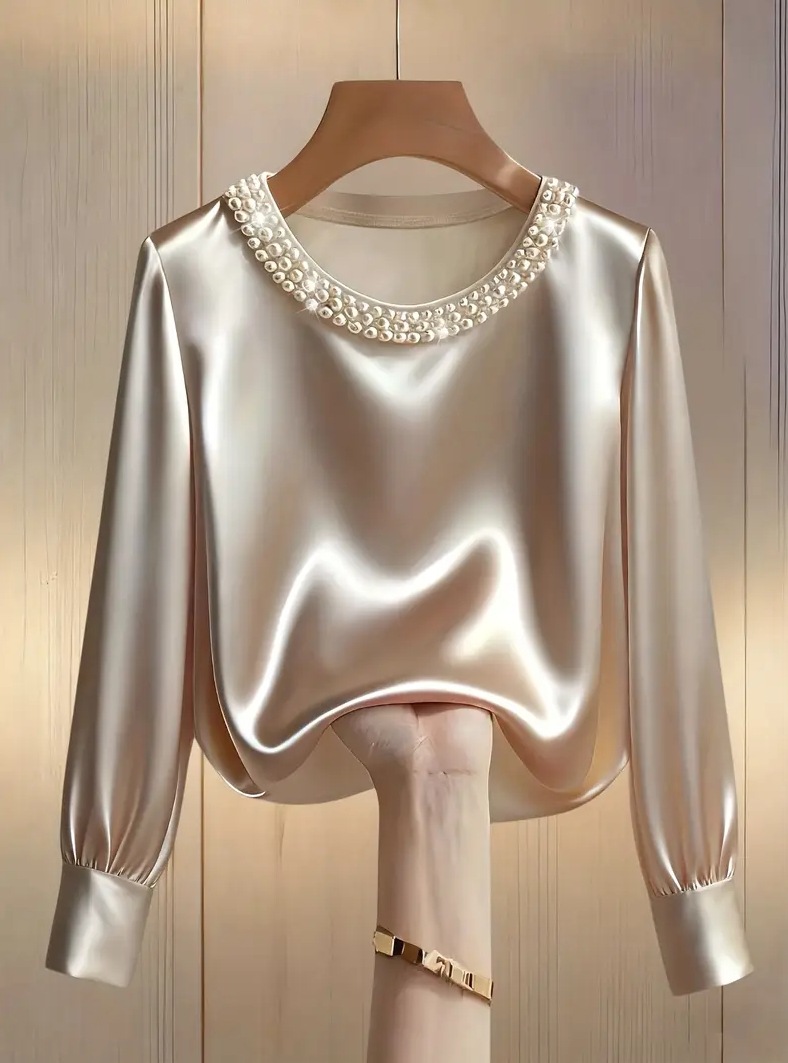 Chemise en Satin élégante pour femmes, Design de perles, manches longues, chemisier en soie, mode col rond, hauts pull amples, printemps automne