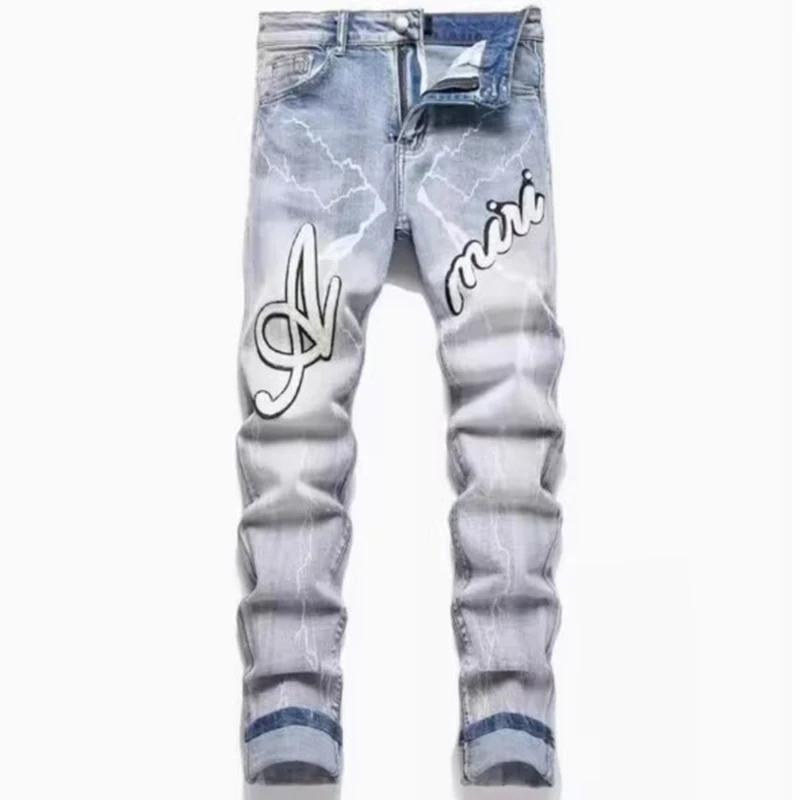 2025 hommes jean mâle mince haute élasticité étoile broderie Stretch taille moyenne jean décontracté mode Street Wear jambe droite pantalon