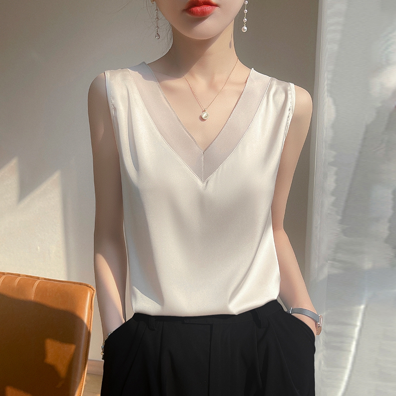 Débardeur sans manches en Satin et soie pour femme, haut à bretelles, col en V, basique, blanc, été