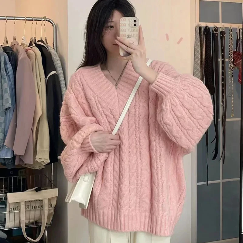 Fanan hiver femmes pull Harajuku surdimensionné tricoté pulls coréen à manches longues col en V tricots Preppy solide pull ample