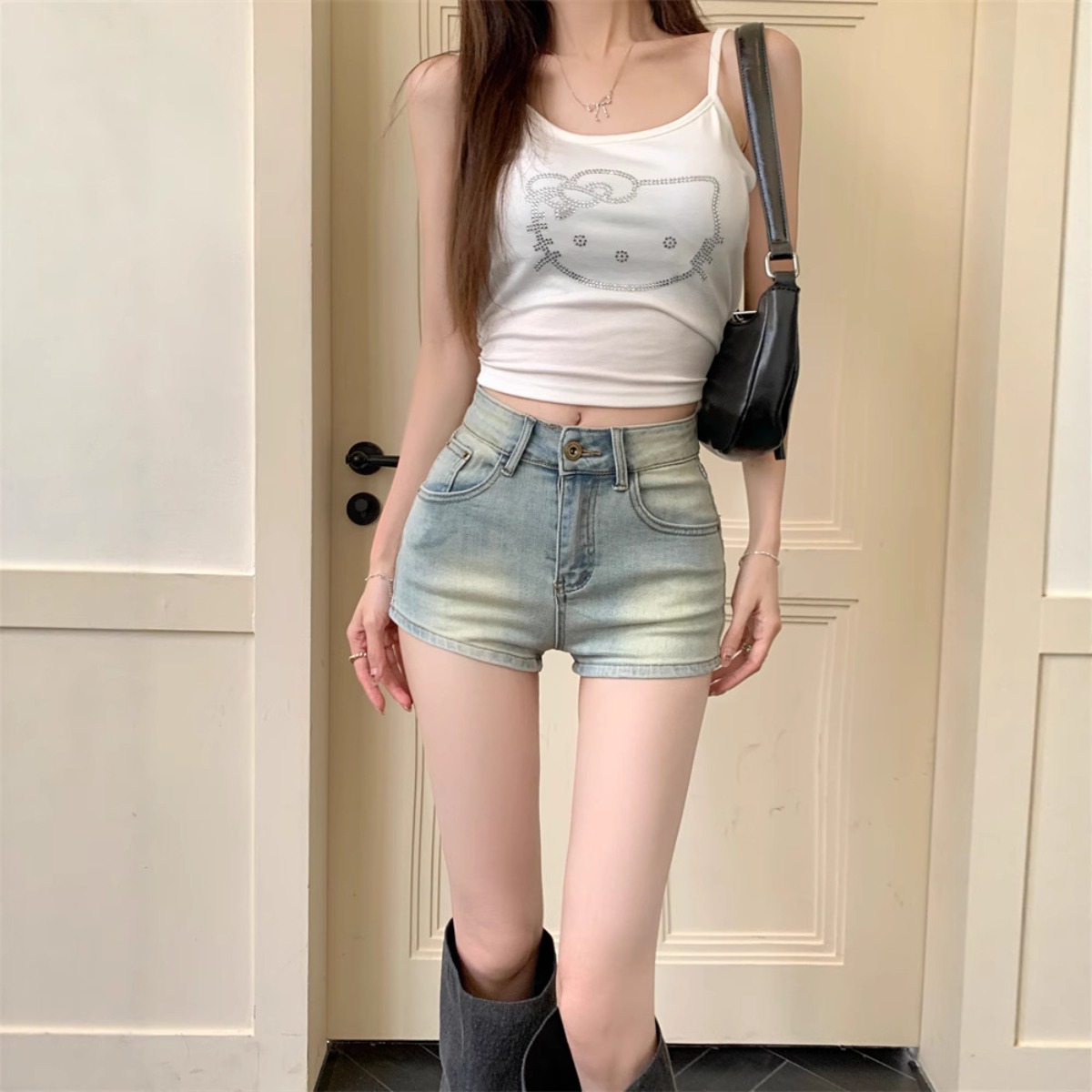 Shorts en jean décontractés taille haute bleu clair pour femmes, denim vintage, fermeture boutonnée, sexy, moulants, coupe trapèze, shorts d'été