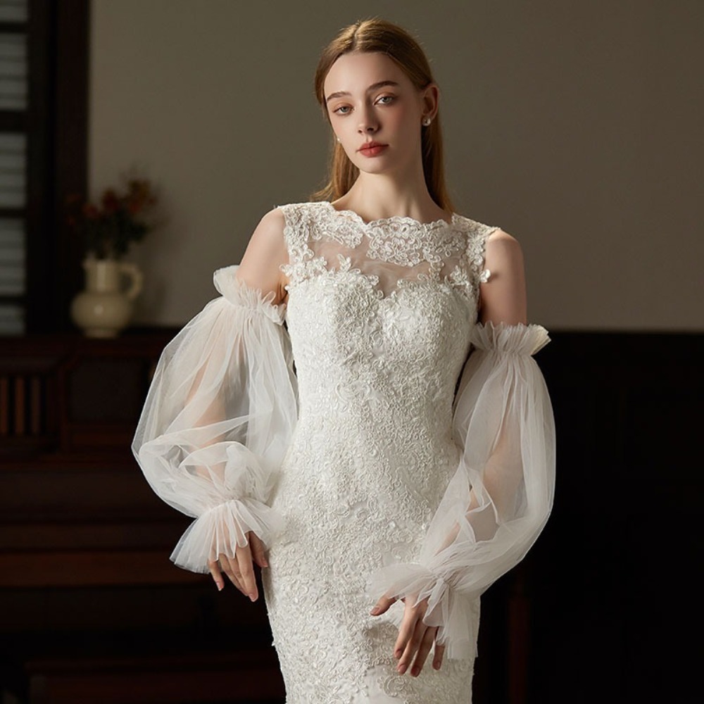 Manches de bras de mariée en fil élégant, dentelle plissée, respirantes, manches longues de mariage, manches fines en forme de lanterne détachables pour femmes