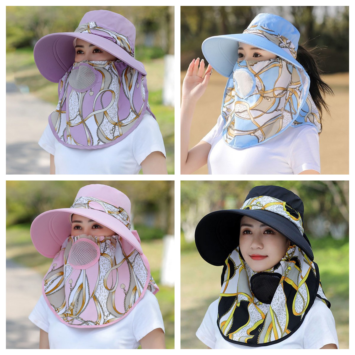 Chapeau d'ombrage de travail de jardin à large bord pour femmes, poignées de masque facial, chapeau de soleil amovible, imprimé extérieur, chapeau de poisson respirant, protection UV, été