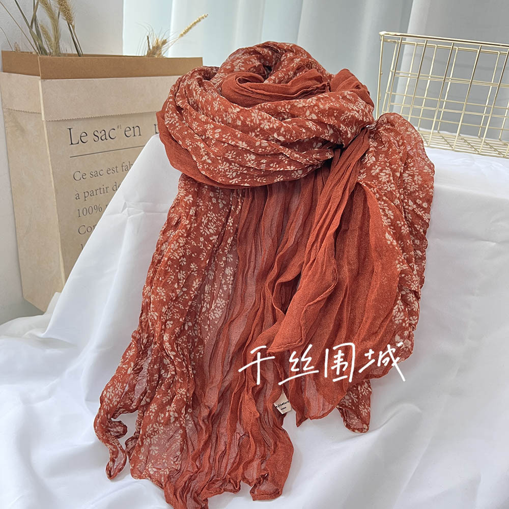 VREOVOR nouveau rétro artistique plis mince et polyvalent châle petite écharpe florale gaze Style japonais populaire Style paresseux