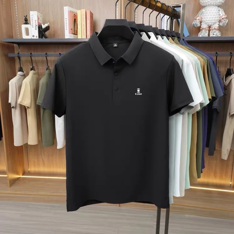 Polo en soie glacée de haute qualité à manches courtes pour homme – T-shirt décontracté uni, confortable et respirant pour l'été – Marque de mode
