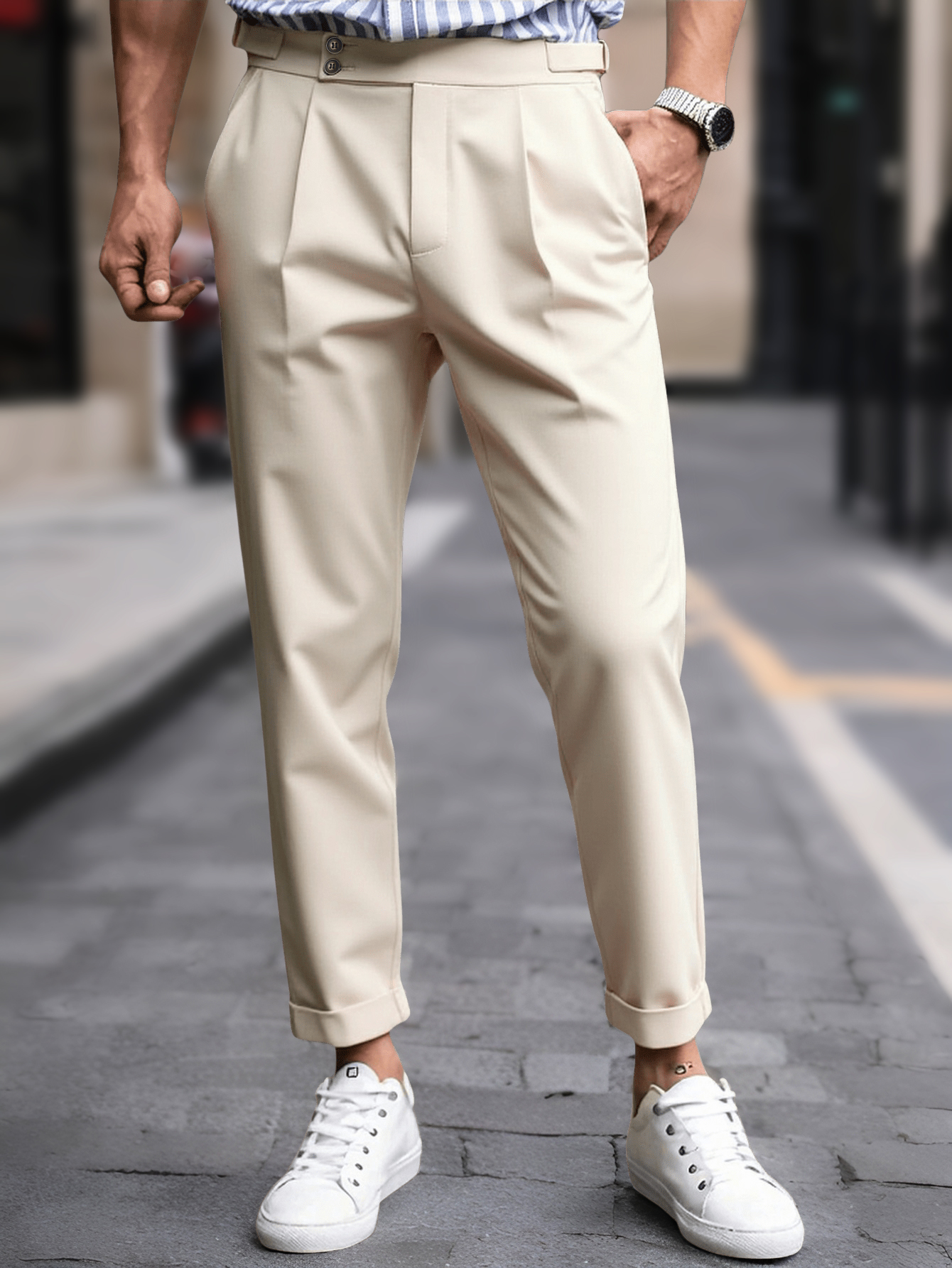 Pantalon de costume plissé à taille haute et revers pour homme, coupe courte, en polyester, viscose et élasthanne, style décontracté chic, noir et beige