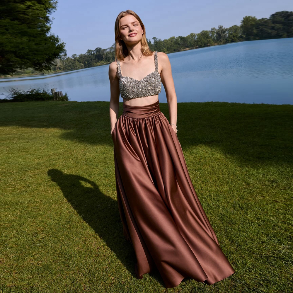 Robe de bal longue en Satin moderne, soie brillante plissée, marron, jupe longue pour femmes, longueur au sol, jupes de fête élégantes sur mesure