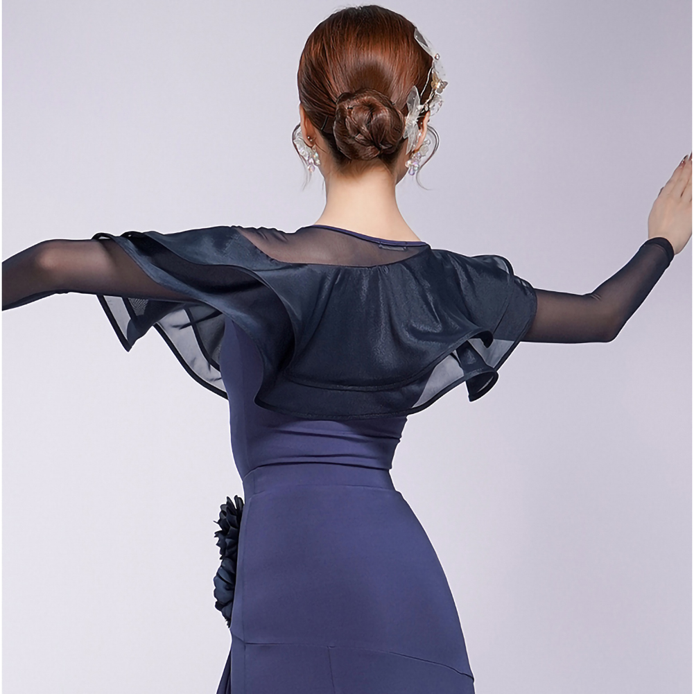 Hauts de danse de salon modernes Waltz pour femmes, châle à volants avec fleurs 3D, body moulant à manches longues, vêtements de danse d'entraînement en violet, rouge, bleu, noir.