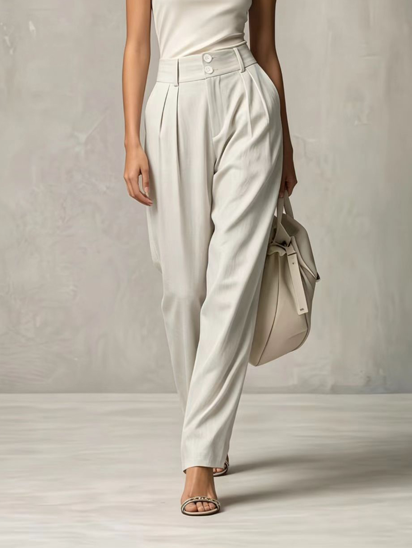 Style polyvalent et simple pour les trajets quotidiens, taille élastique à double bouton, coupe ample, amincissant, fin et élégant, décontracté, pour tous les jours, pour le lieu de travail, intellectuel, couleur unie,