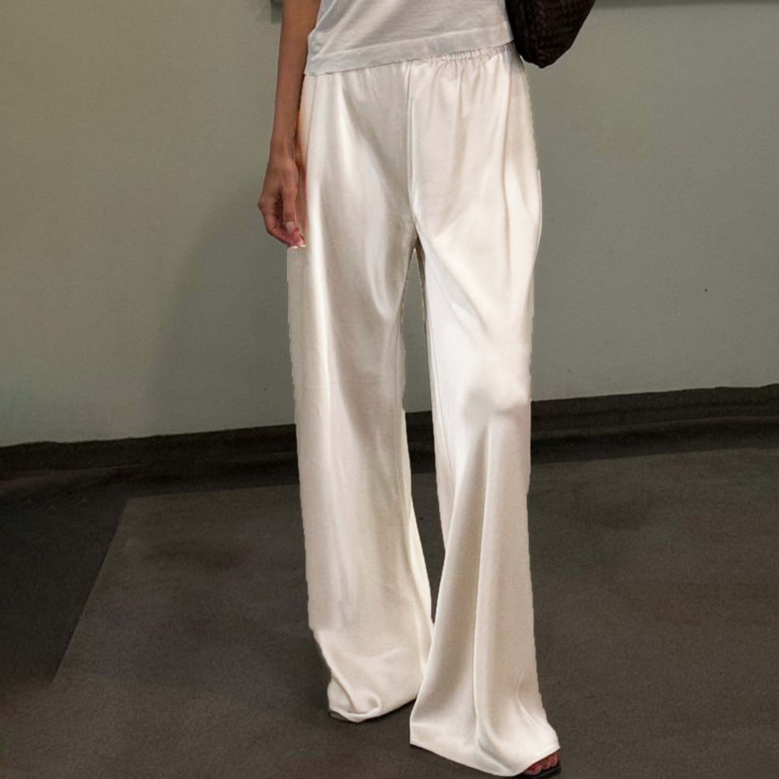 Pantalon de robe élégant pour femme en satin couleur unie, coupe large, taille élastique, coupe ample, long, style rétro années 00, streetwear