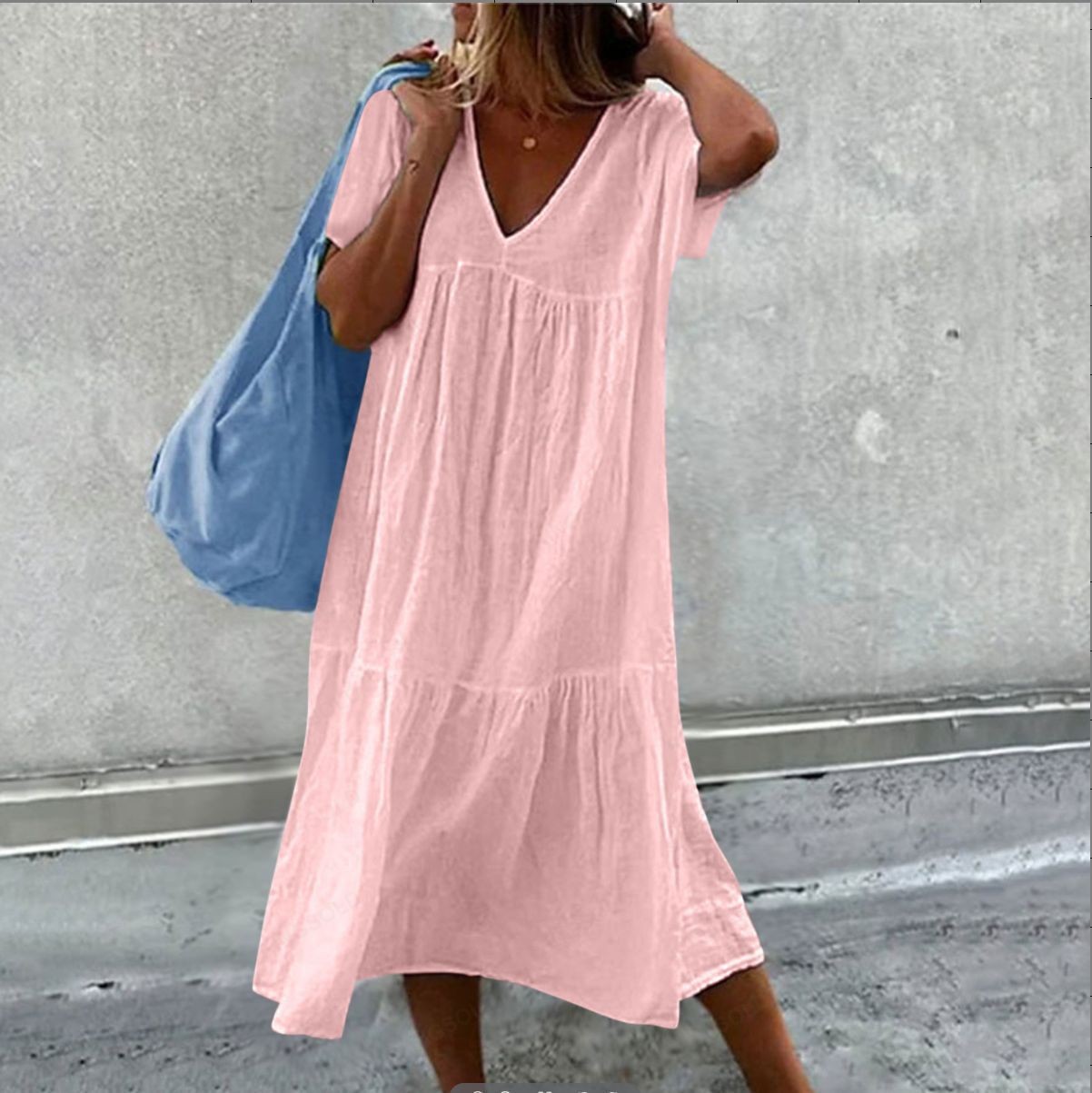 Jupe longue en coton et lin pour femmes, manches courtes, col rond, ample, couleur unie, mode Simple, robe rose de vacances, nouvelle collection 2025