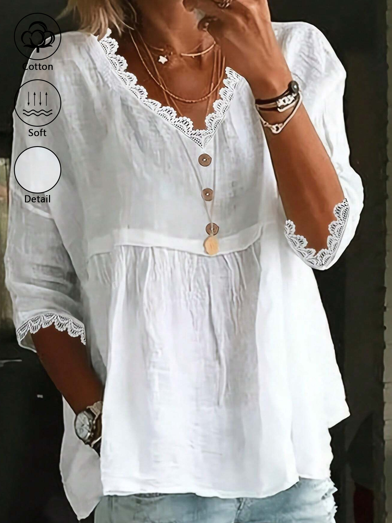 Chemise classique pour femme 100% coton, décontractée et élégante, avec empiècements en dentelle et détails boutonnés.
