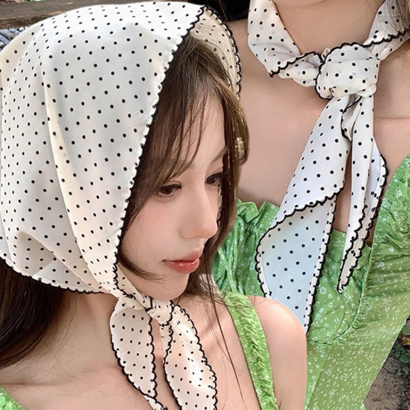 Foulard Bandana triangulaire à pois à volants, foulard en soie Ins coréen, mode Chic, accessoires pour cheveux pour femmes
