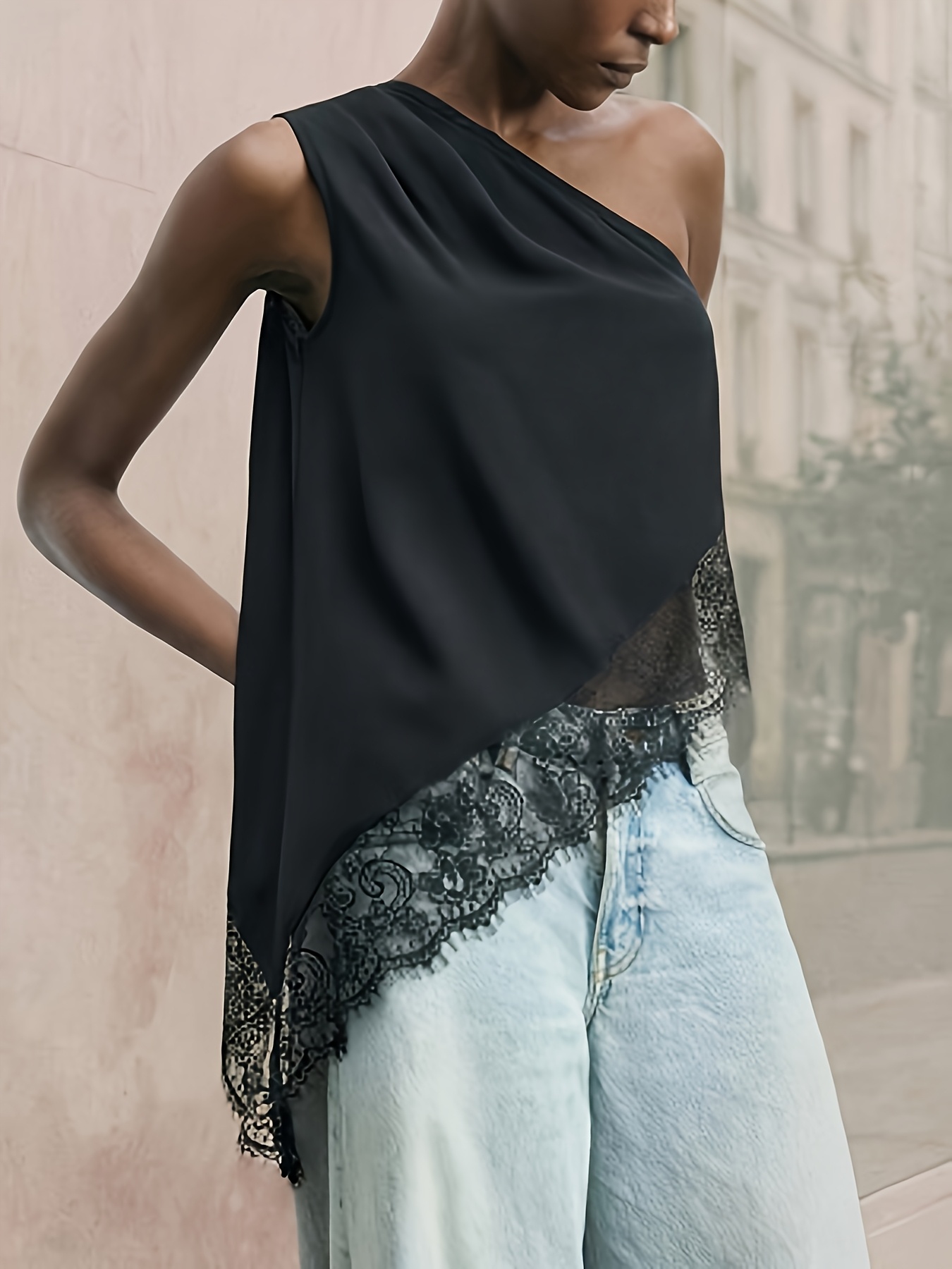 Gilet élégant et sexy à une épaule pour femmes, en dentelle, pour l'été, décontracté, pour les déplacements, pour sortir