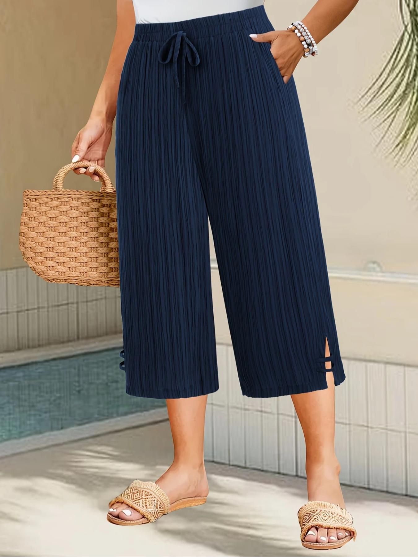 Pantalon femme grande taille mode d'été rayures Texture taille naturelle cheville jambe large pantalon quotidien