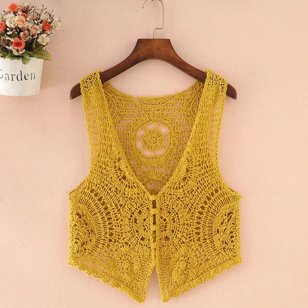 Veste d'été sans manches pour femmes, débardeur ajouré, couleur unie, gilet court en tricot, Cardigan au Crochet, pull, vêtements d'extérieur pour femmes