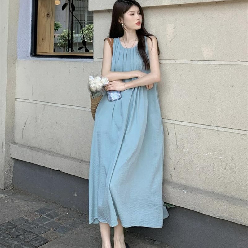 Robe longue froncée à col rond pour femme, coupe ample, dos nu, sans manches, style coréen, pour la ville