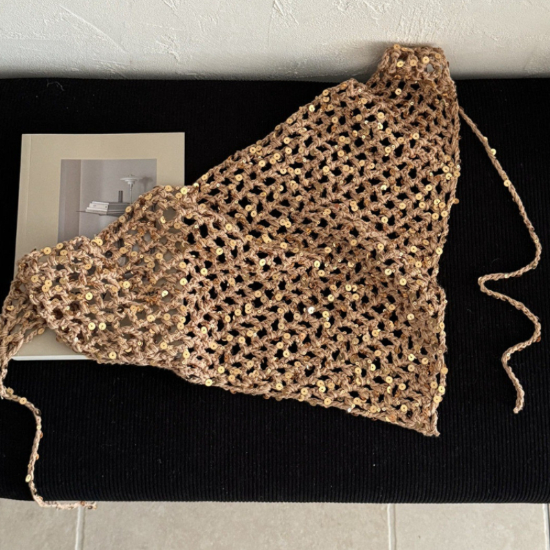 Foulard de tête en maille à sequins au crochet pour femme, style bohème, tricot ajouré, turban à nouer, chapeau, couvre-cheveux vintage, bandeau pour plage, festival, fête