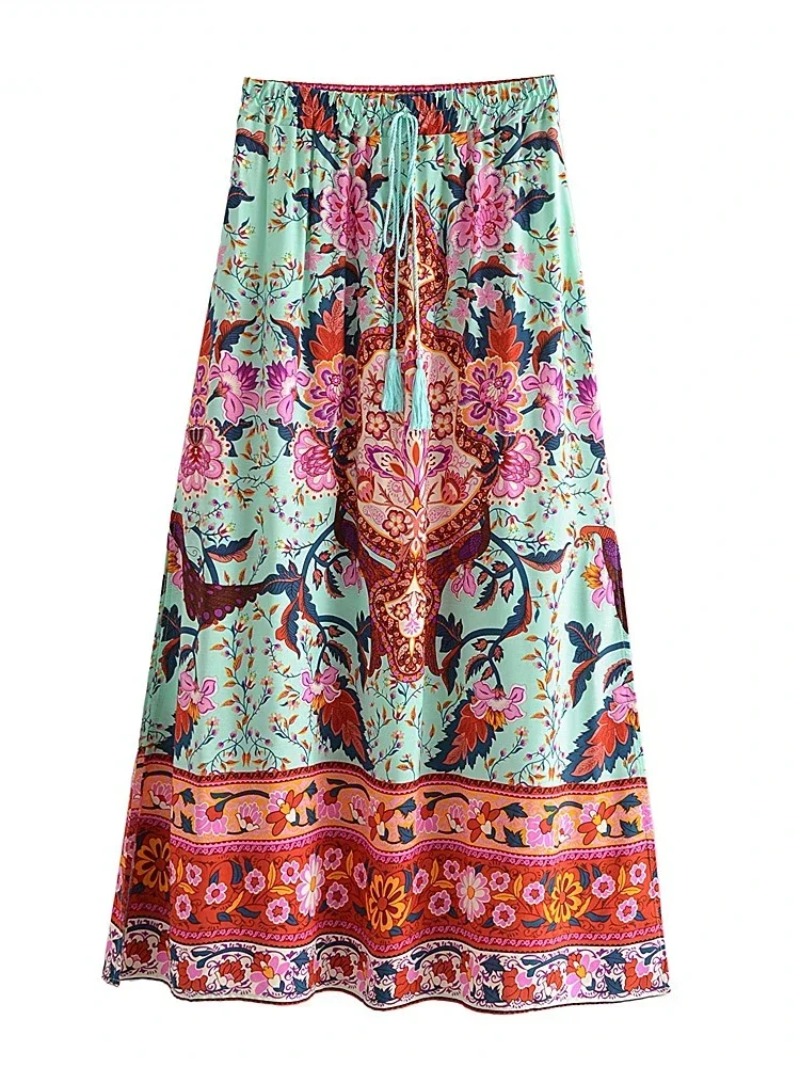 Vintage paon imprimé fleuri gland plage bohème Maxi jupe pour les femmes taille élastique rayonne coton longue plissée Boho jupes