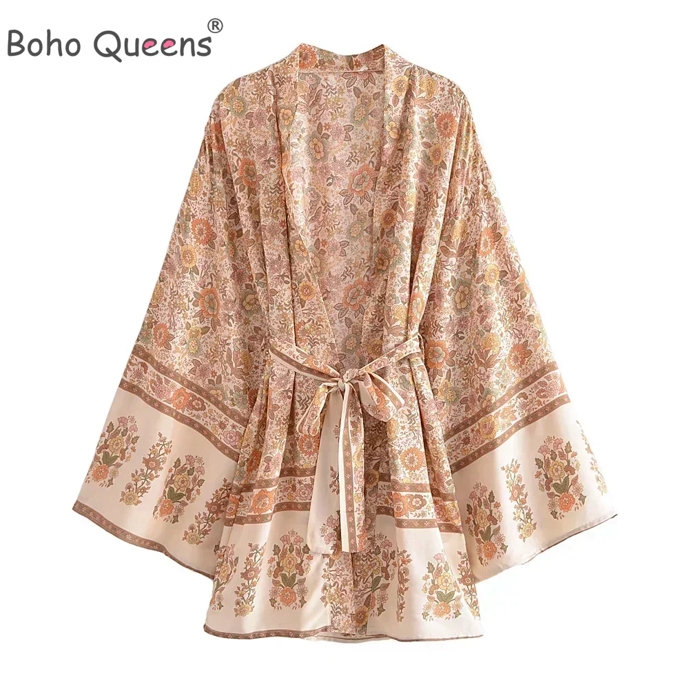 Boho Queens Multi imprimé fleuri ceintures Kimono femmes manches chauve-souris bohème Robe de demoiselle d'honneur vacances plage Boho Bikini couvertures