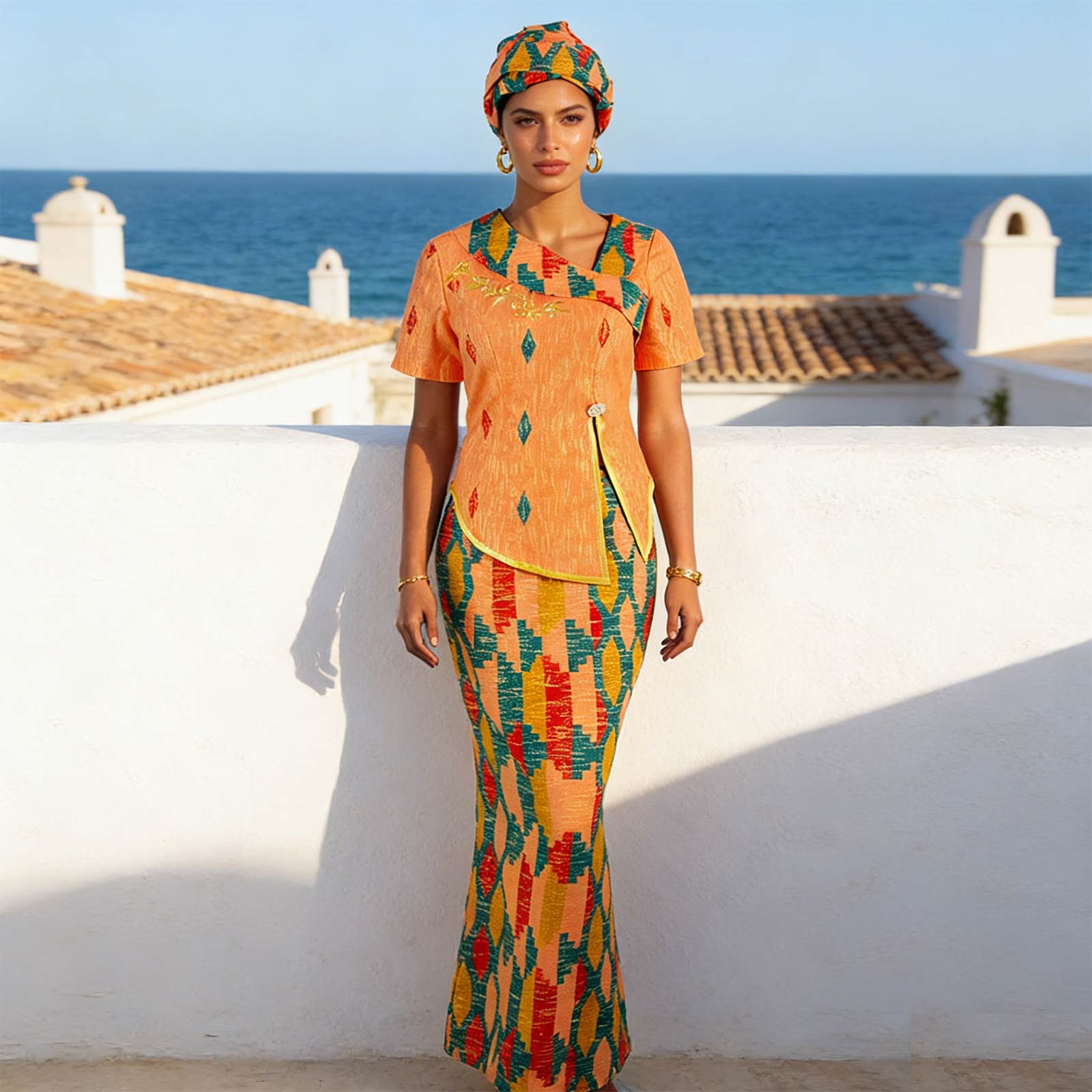 Femmes africaines jupe ensemble robe de luxe à manches courtes fente haut et jupe mince robes avec bandeau robe de mariée 2526056