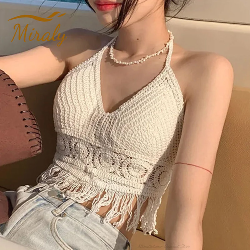 Haut court court en tricot pour femmes, dos nu, Sexy, style Boho, plage, ajouré, glands au Crochet, ourlet licou, Bustier avec coussinets de poitrine, débardeur