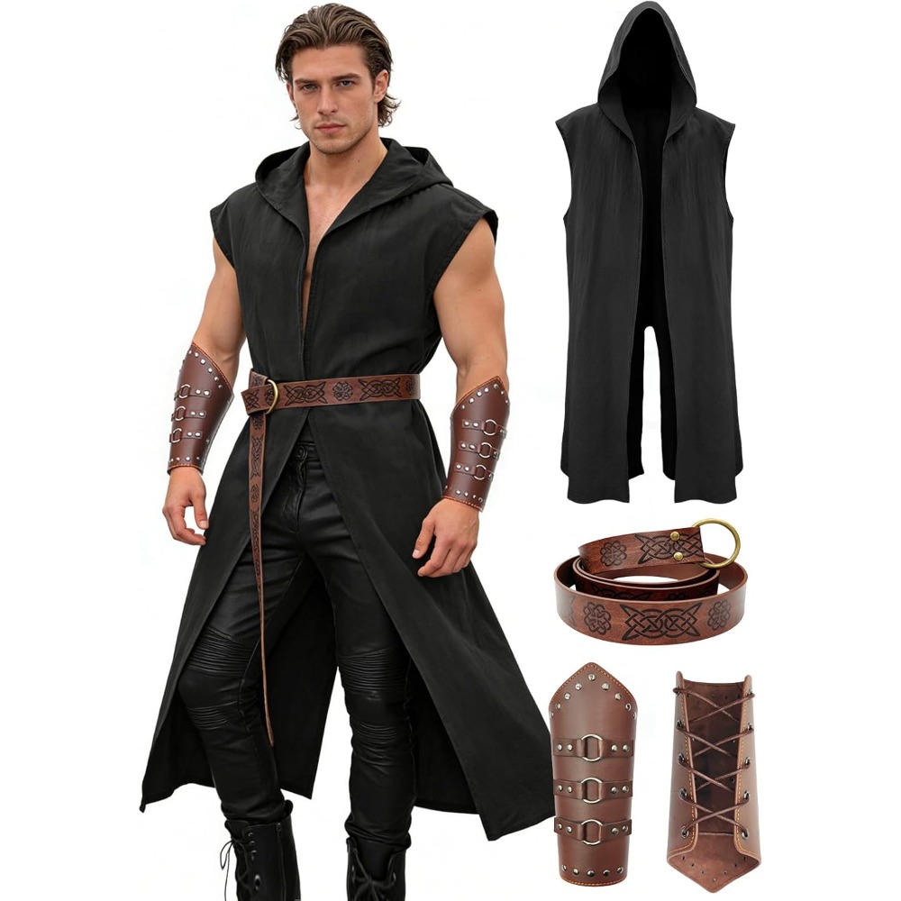 Ensemble de costumes Renaissance pour hommes – Costume médiéval/Renaissance pour hommes avec sur-manteau à capuche, ceinture en cuir et protège-bras