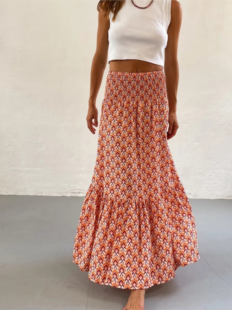 Jupes Boho décontractées pour femmes, nouvelle mode printemps été, Vintage, ample, taille élastique, imprimé Floral, Style ethnique, jupe Maxi de plage