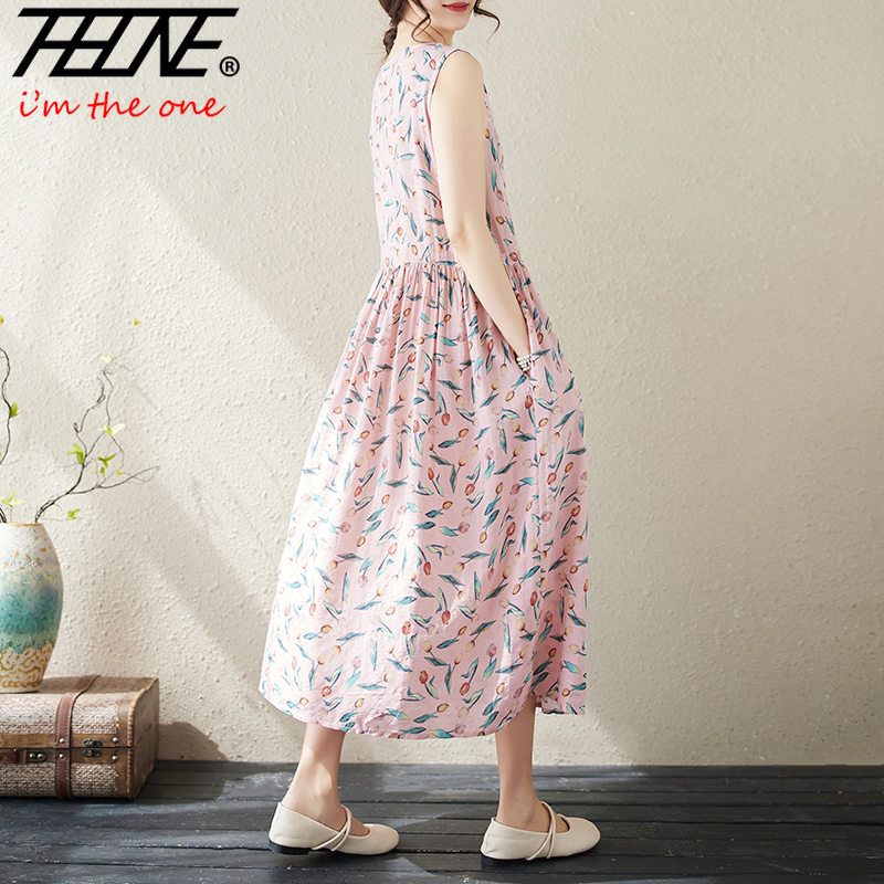 Robes De Mujer robe d'été pour femmes imprimé fleuri coton lin rétro nouveau pull sans manches a-ligne longue robe Maxi ample