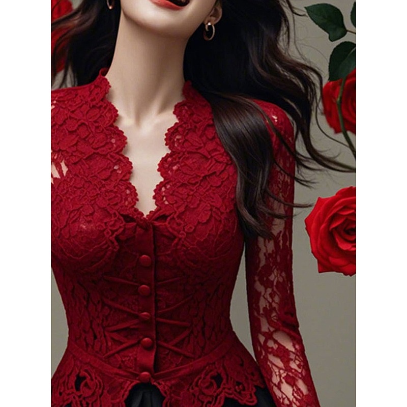 Chemise formelle à manches longues en dentelle rouge pour femmes, avec boutons sur le devant