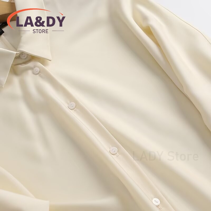 Chemise en satin pour femmes, col classique, boutonnée sur le devant, manches longues, coupe ample, idéale pour le bureau et les occasions décontractées.