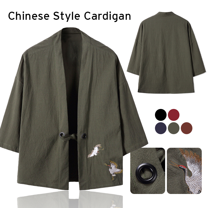 Kimono Haori Brodé de Grue de Style Chinois pour Homme, Costume de Samouraï, Harajuku, Japonais, Vêtements Asiatiques, Cardigan, Veste