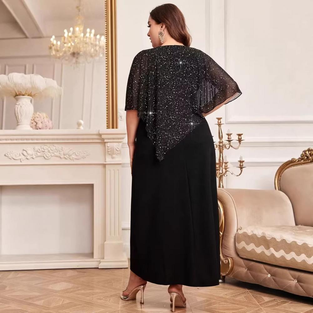Robe Midi Ample Col Rond Grande Taille Femme 2026 – Robe de Soirée Élégante en Mousseline de Soie à Paillettes Sexy pour Femme – Vêtement Féminin Été Automne