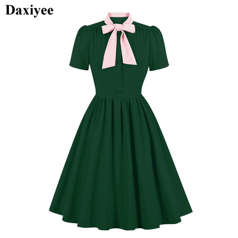 Robe plissée bleue à manches courtes, style vintage français, col à nœud papillon, boutonnée, robes rétro élégantes, style années 50, pin-up, rockabilly