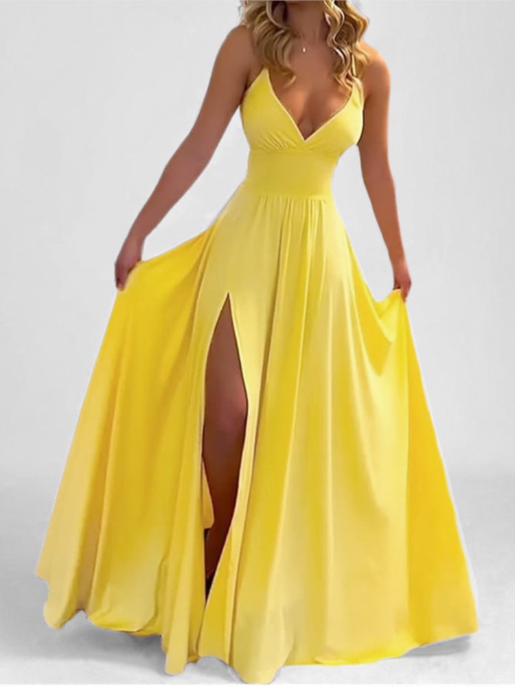 Robe longue tendance pour femme, col en V, dos nu, sans manches, à fines bretelles, taille haute, style débardeur, pour fêtes, rendez-vous et shopping