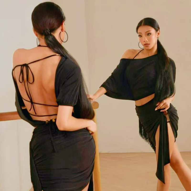 Ensemble de robe de danse latine pour femmes, Costume à épaules inclinées, jupe irrégulière, tenue de spectacle pour Cha Cha Rumba Samba