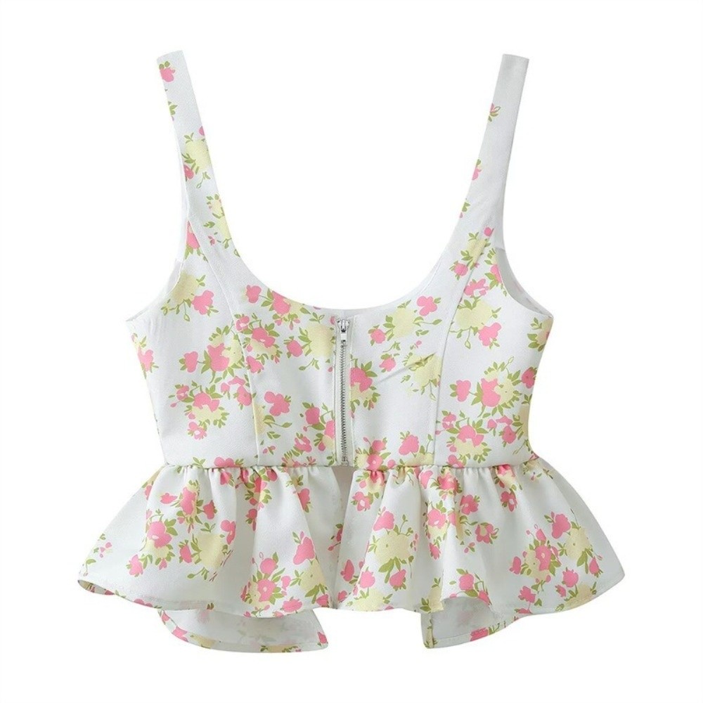 Ensemble pantalon et gilet sans manches pour femme, chic, imprimé floral, avec haut court à volants, sexy et élégant, pantalon large pour les vacances
