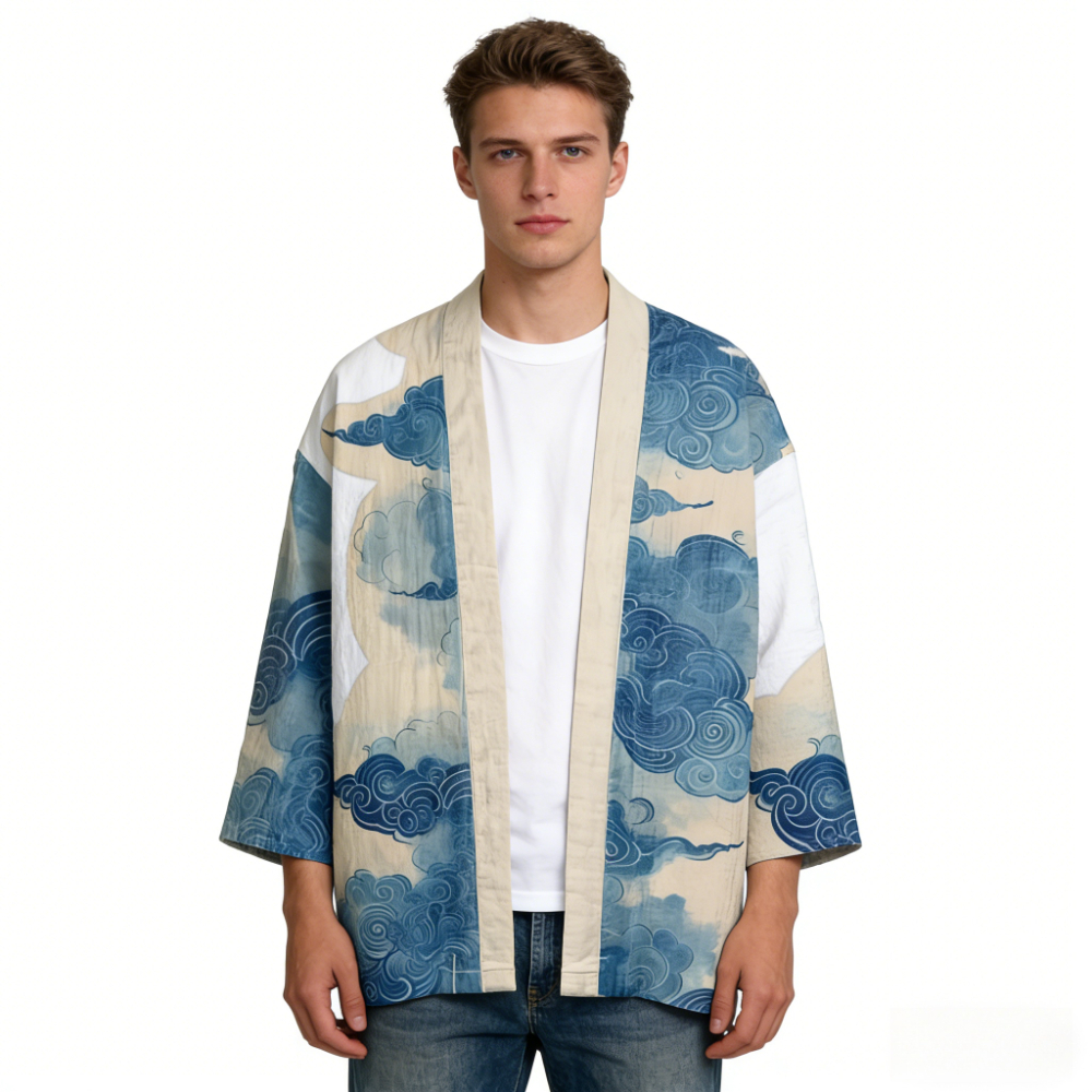 Cardigan Kimono Ukiyo-e Japonais à imprimé Baleine et Vague, Robe ouverte sur le devant, Légère en Coton, Cache-maillot de plage, Veste de détente ouverte sur le devant