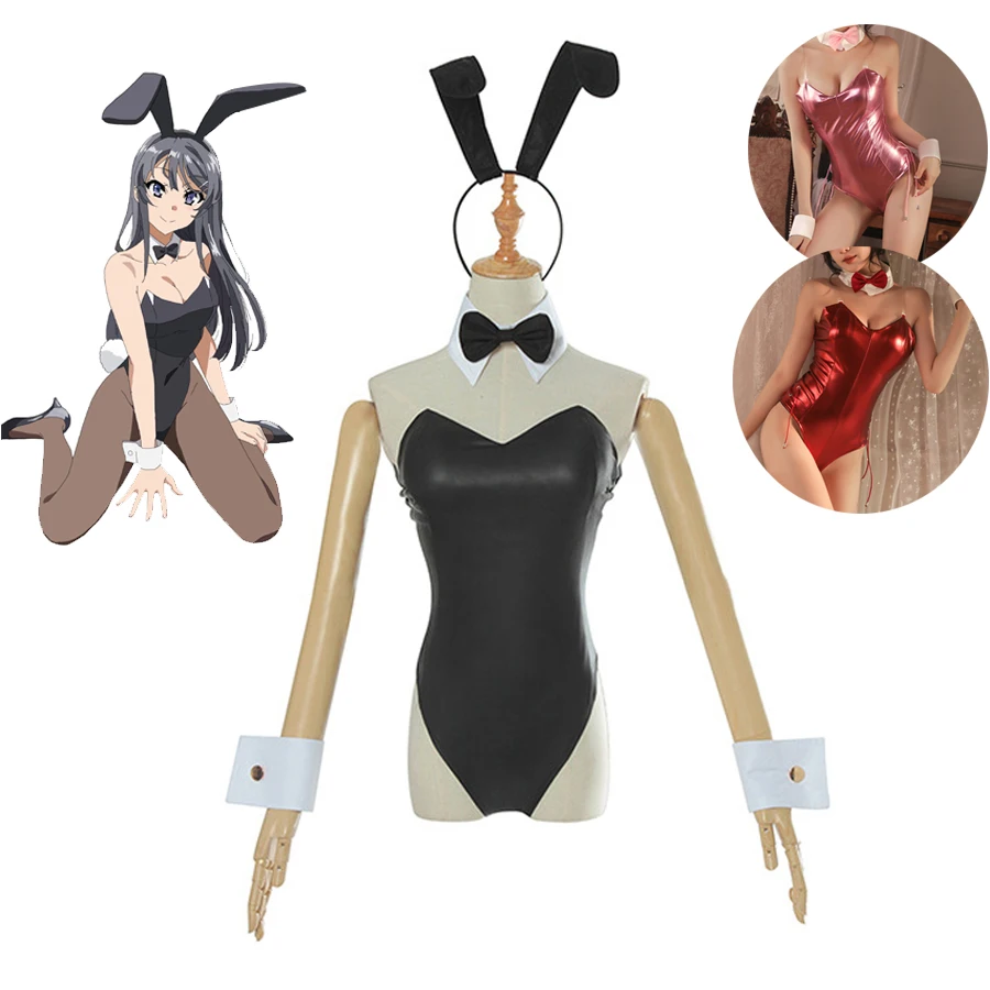 1 ensemble de combinaison en cuir PU Sakurajima Mai Bunny Girl, combinaison de cosplay avec oreilles réglables, taille ajustable, costume de lapin Anime Waifu
