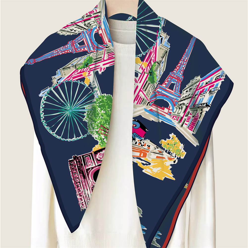 Écharpe en Soie Sergée pour Femme, Double Face Imprimée, Carrée, Foulard de Luxe, Hijab, Châle 90CM