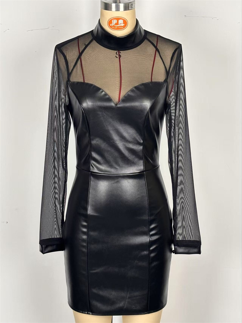 Robe moulante noire à manches longues pour femme, col montant, patchwork en PU et maille, mini-robe sexy taille haute, tenue de soirée