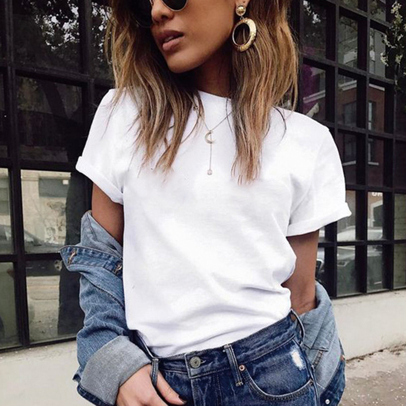 Femmes manches courtes T-shirt chemise à bascule col rond chemise noir blanc dessus de couleur unie Homewear T-shirt