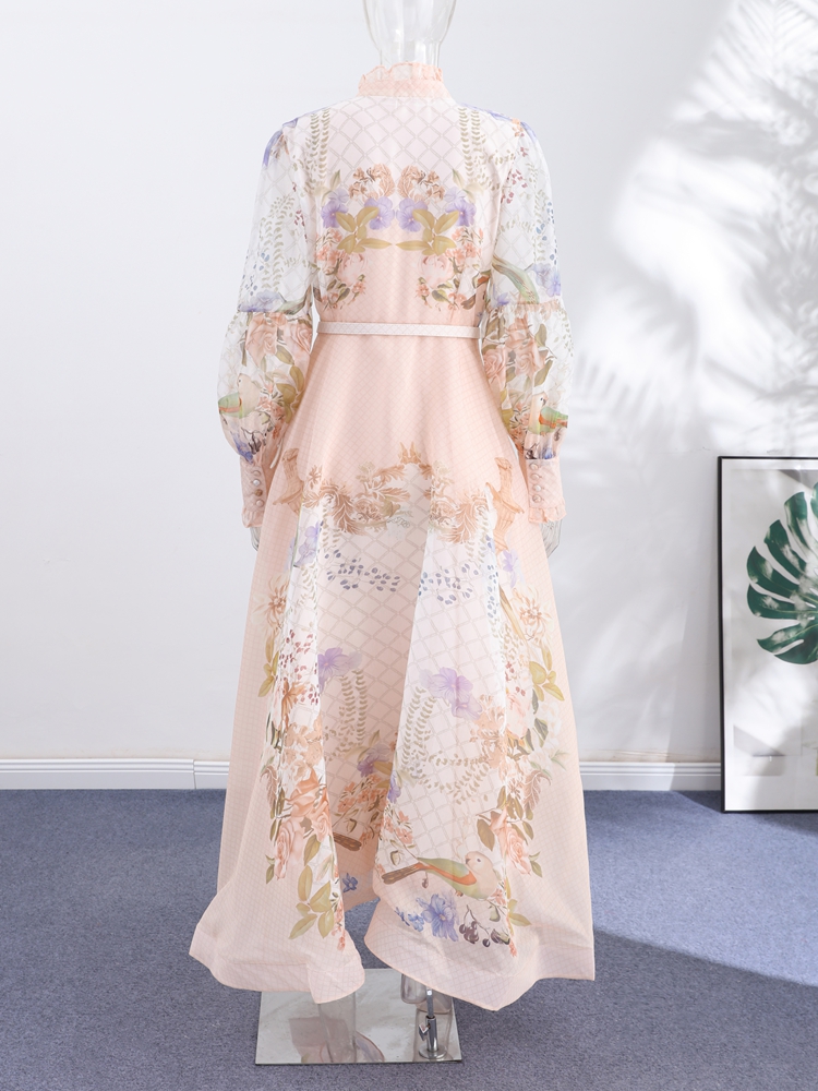 Robe drapée élégante pour femme à col semi-montant, manches amples, imprimé dentelle, simple boutonnage, avec ceinture, collection été 2026