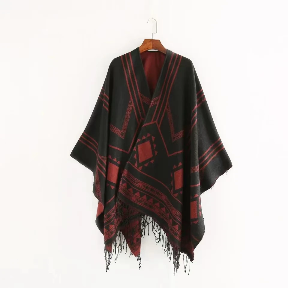 Nouvelle cape poncho pour femme, style indien népalais, à franges géométriques, chaude, idéale pour les salles climatisées, noir kaki